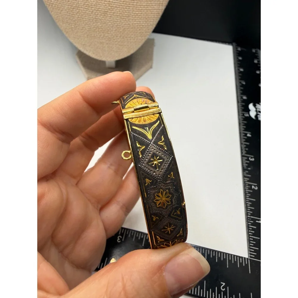 Vintage Damascene Bangle‎ Bracelet Gold Silver Tone Floral Geometric Hinged 7 In